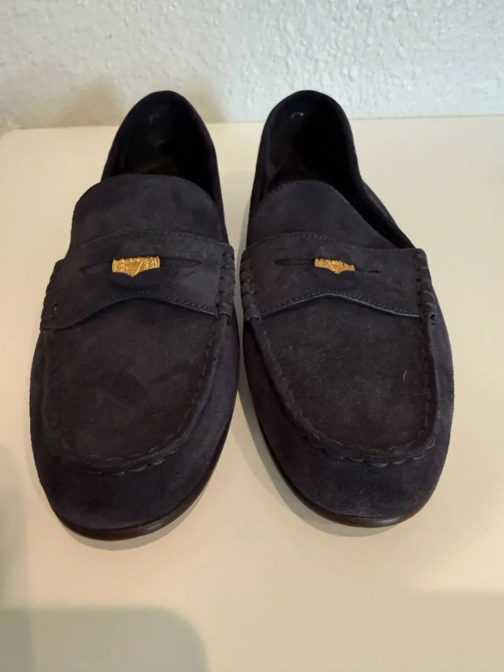 Veronica Beard Suede, Gold Coin Penny Loafers in Eclipse (Navy)